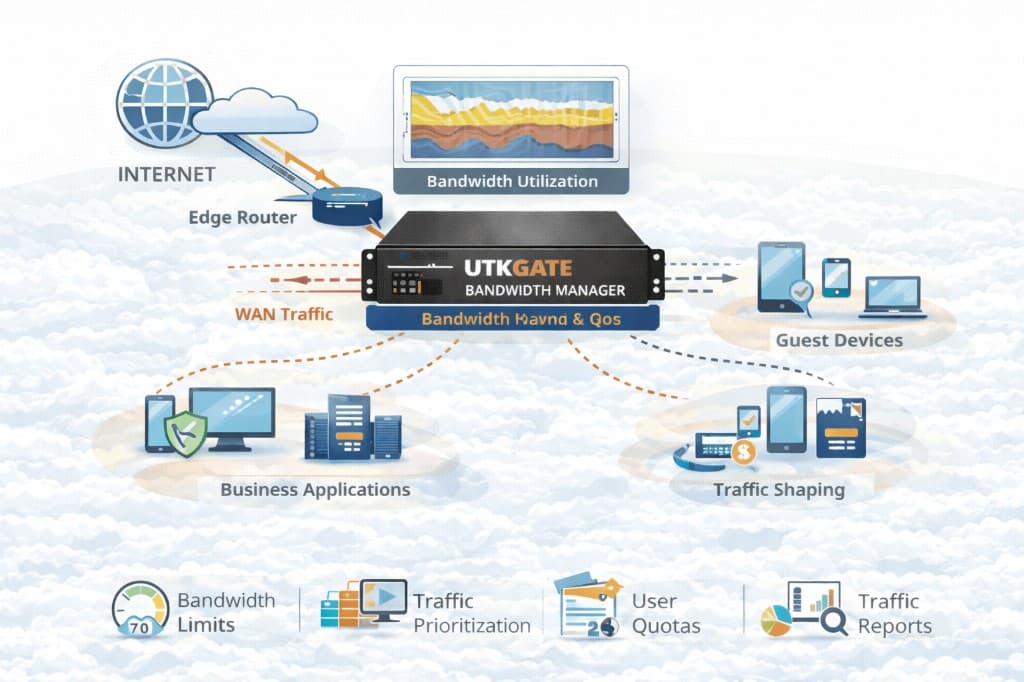 UTKGATE bandwidth manager controlling WAN traffic for business applications and guest devices with bandwidth limits, traffic prioritization, user quotas and traffic reports based on bandwidth utilization