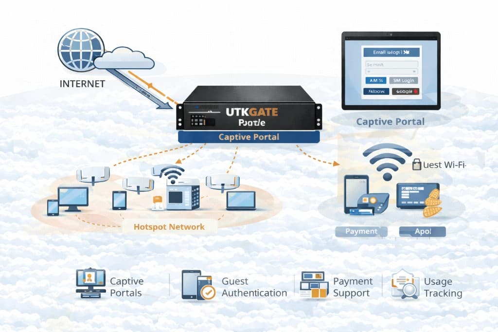 UTKGATE captive portal controlling guest Wi-Fi access on a hotspot network with login pages, guest authentication, payment support and usage tracking between the internet and user devices