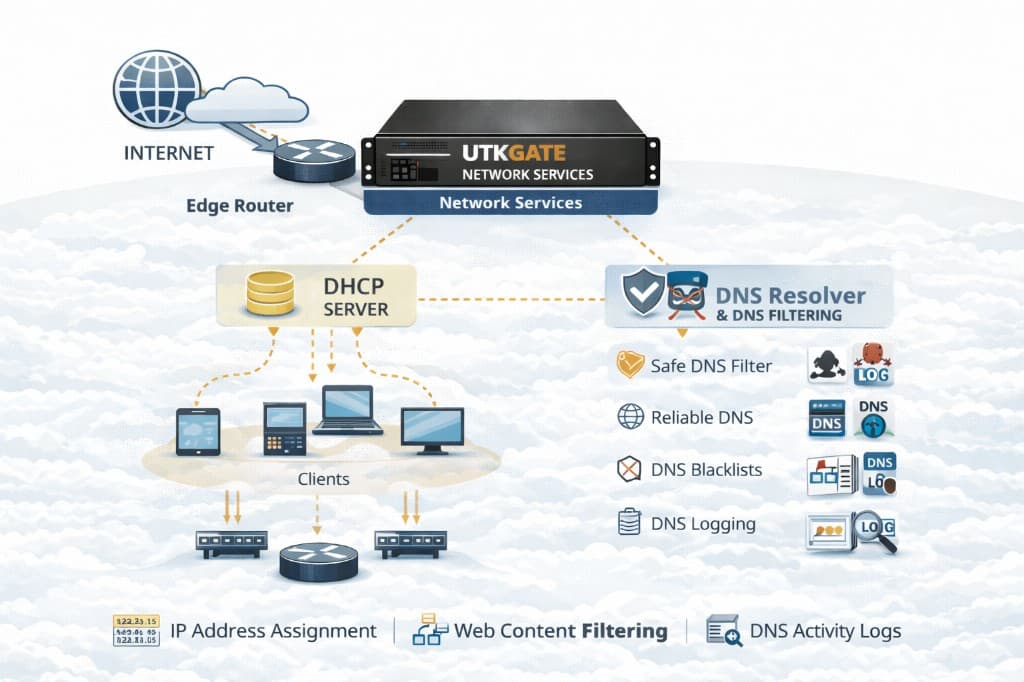 UTKGATE network services providing DHCP server for clients and DNS resolver with DNS filtering, safe DNS, blacklists, logging and web content filtering
