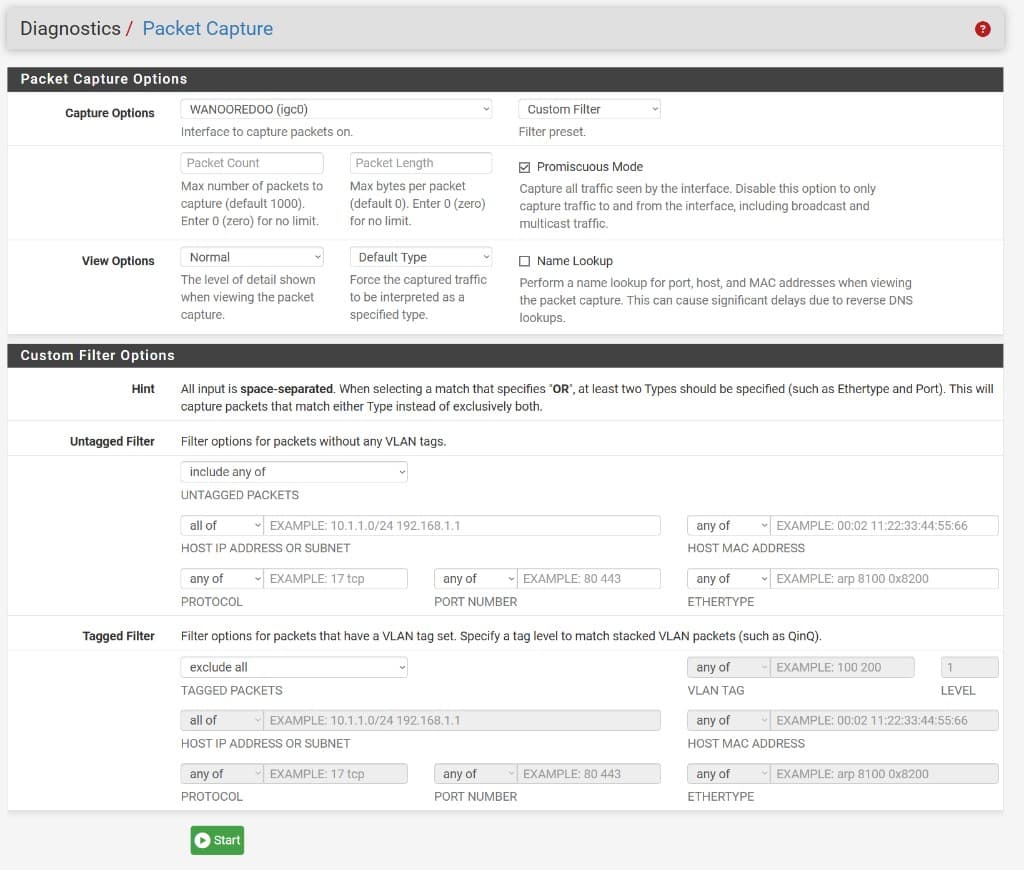 UTKGate Diagnostics Packet Capture - custom filter options, interface capture, VLAN tagged and untagged filters for network troubleshooting Kuwait