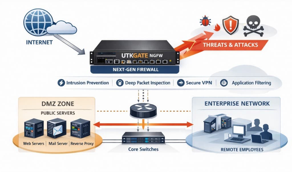 UTKGATE NGFW protecting an enterprise network edge between the internet, threats and attacks, DMZ public servers and internal users with intrusion prevention, deep packet inspection, secure VPN and application filtering