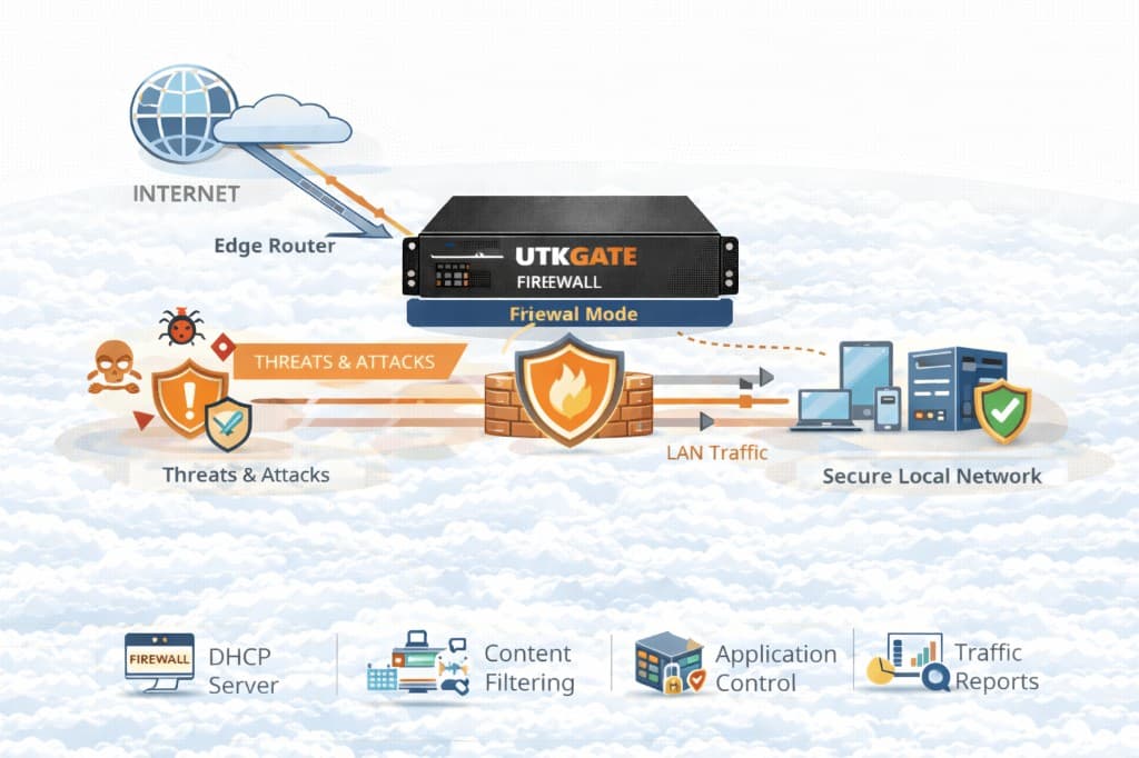 UTKGATE firewall mode protecting a secure local network from internet threats and attacks, inspecting LAN traffic and providing DHCP server, content filtering, application control and traffic reports