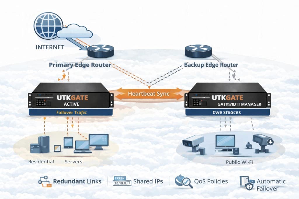 UTKGATE active and standby appliances in a high availability pair between primary and backup edge routers with heartbeat sync, redundant links, shared IPs, QoS policies and automatic failover for residential, servers and public Wi-Fi traffic