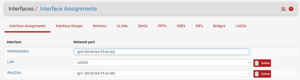 UTKGate Interface Assignments - network port mapping, VLANs, LAGG, and interface configuration for firewall and network management Kuwait