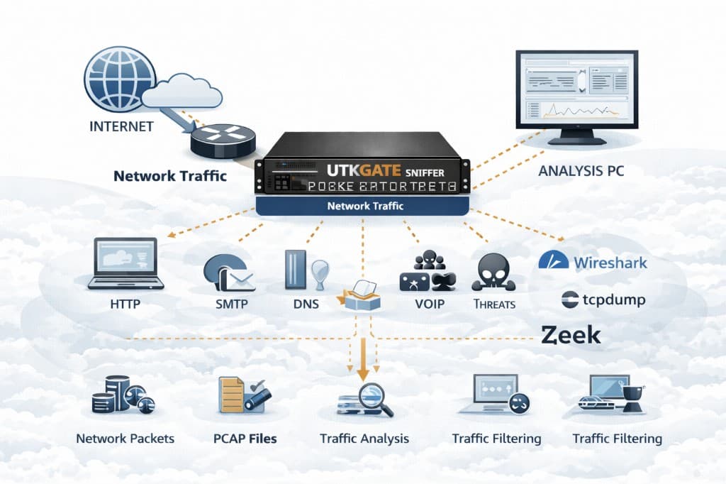 UTKGATE sniffer capturing network traffic from the internet, HTTP, SMTP, DNS, VoIP and threats for analysis with tools like Zeek, Wireshark and tcpdump producing network packets, PCAP files, traffic analysis and filtering