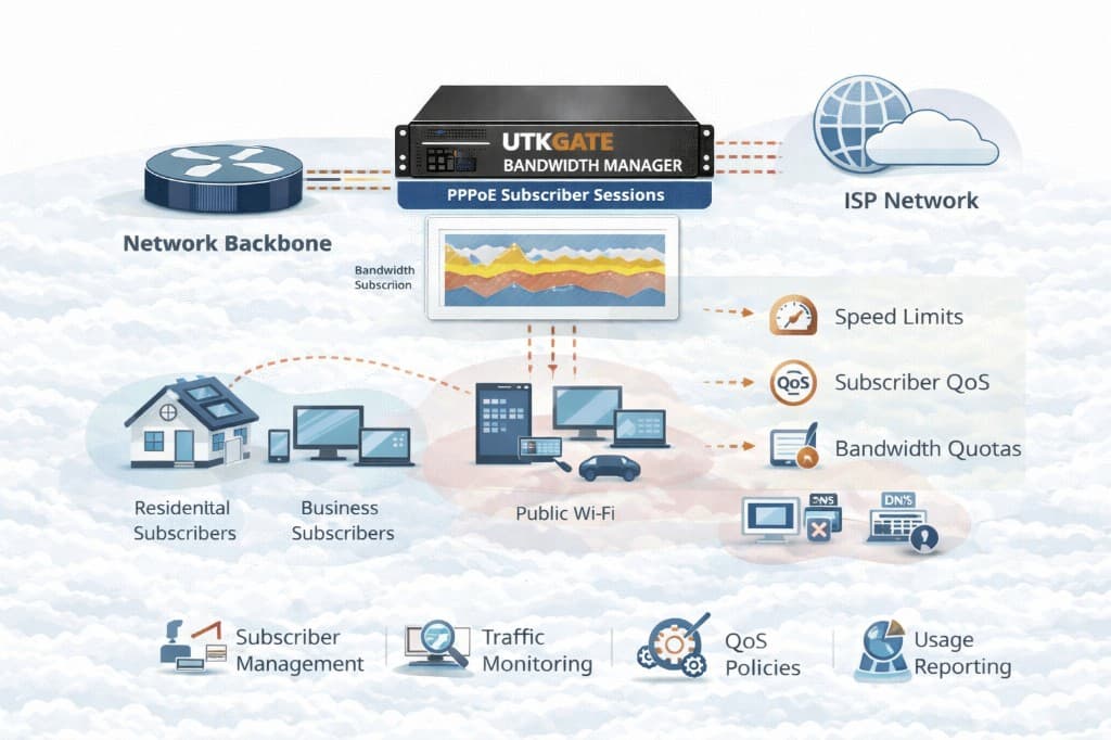 UTKGATE bandwidth manager handling PPPoE subscriber sessions for residential, business and public Wi-Fi users with speed limits, subscriber QoS, bandwidth quotas, subscriber management, traffic monitoring and usage reporting