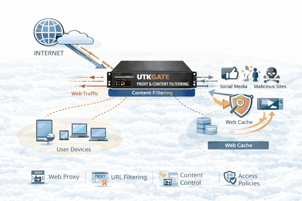 UTKGATE proxy and content filtering appliance handling web traffic from user devices, applying web proxy, URL filtering, content control and access policies, and optionally using a web cache to optimize performance