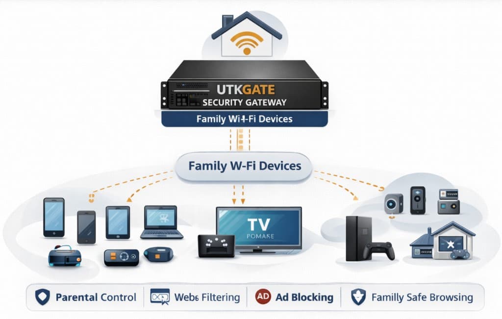 UTKGATE security gateway protecting family Wi-Fi devices with parental control, web filtering, ad blocking and family safe browsing across phones, tablets, TVs, game consoles and smart home devices