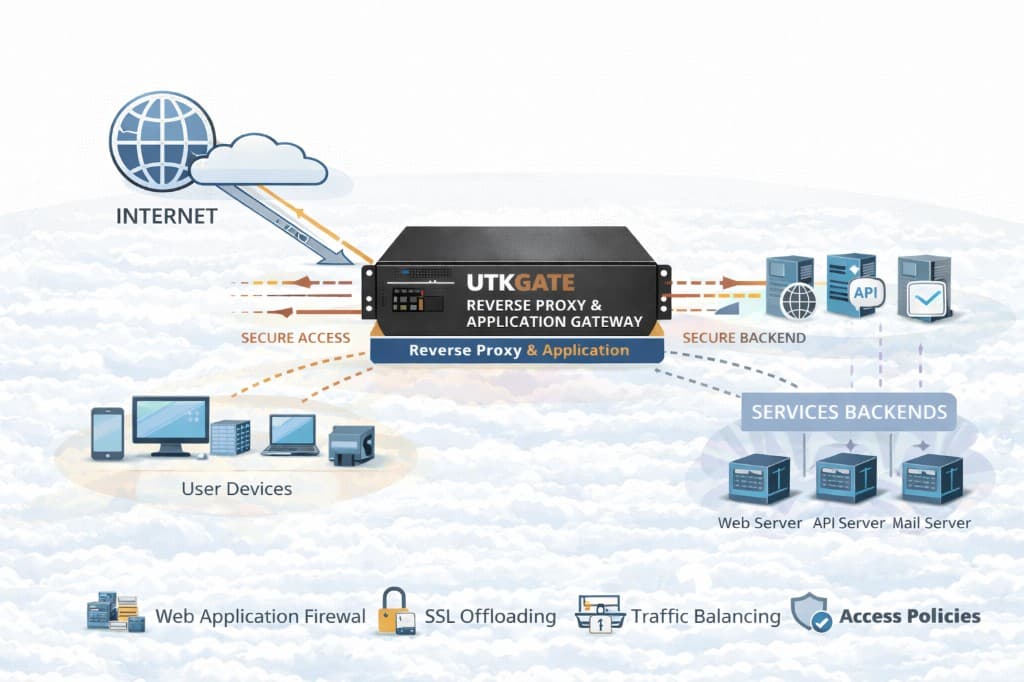 UTKGATE reverse proxy and application gateway securing access from user devices on the internet to backend web, API and mail servers with web application firewall, SSL offloading, traffic balancing and access policies