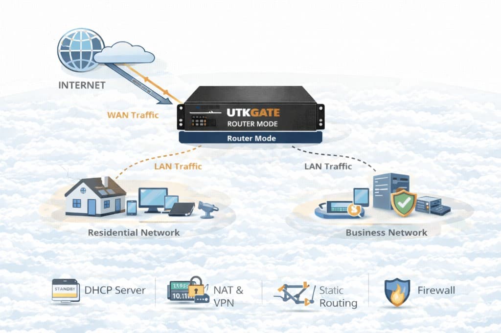 UTKGATE router mode handling WAN traffic from the internet and routing LAN traffic for residential and business networks with DHCP server, NAT, VPN and static routing plus firewall policies
