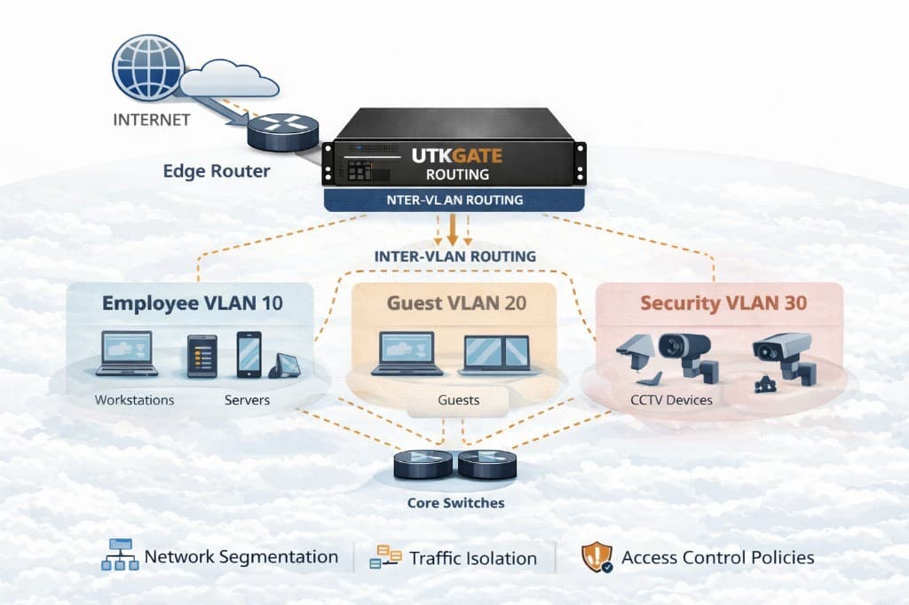 UTKGATE routing and segmenting traffic between Employee VLAN 10, Guest VLAN 20 and Security VLAN 30 with an edge router and core switches enforcing network segmentation, traffic isolation and access control policies